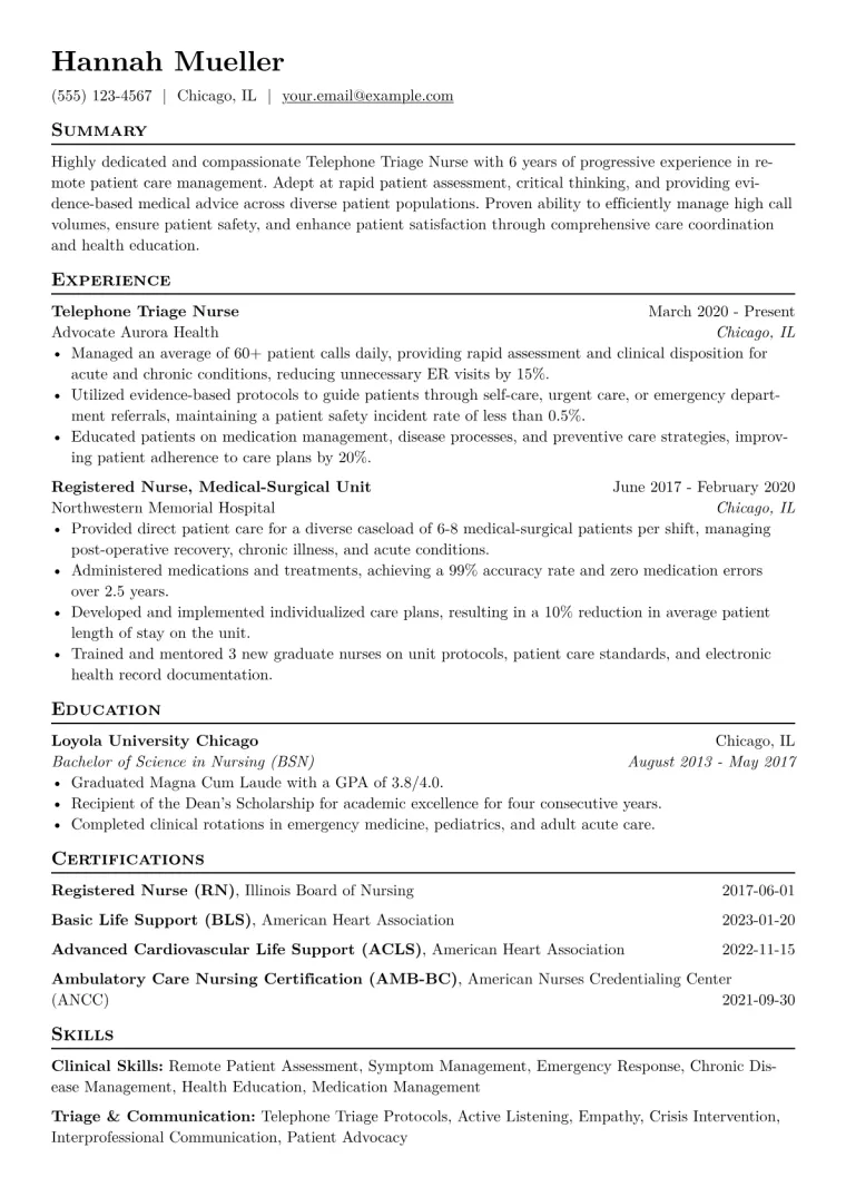 Telephone Triage Nurse Resume Example CV template preview