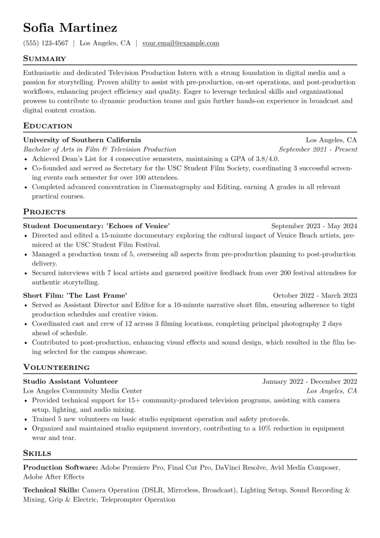 Television Production Intern Resume Example CV template preview