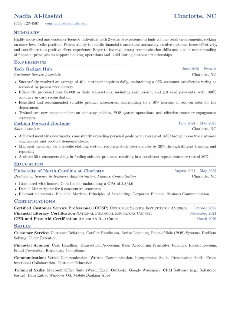 Teller No Experience Resume Example CV template preview