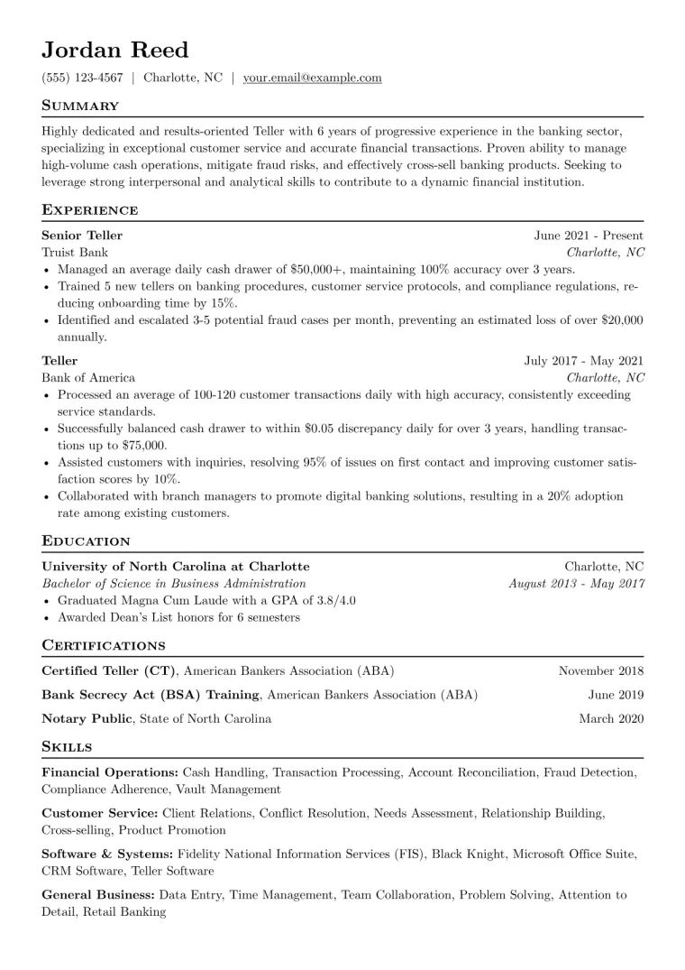 Teller Resume Example CV template preview