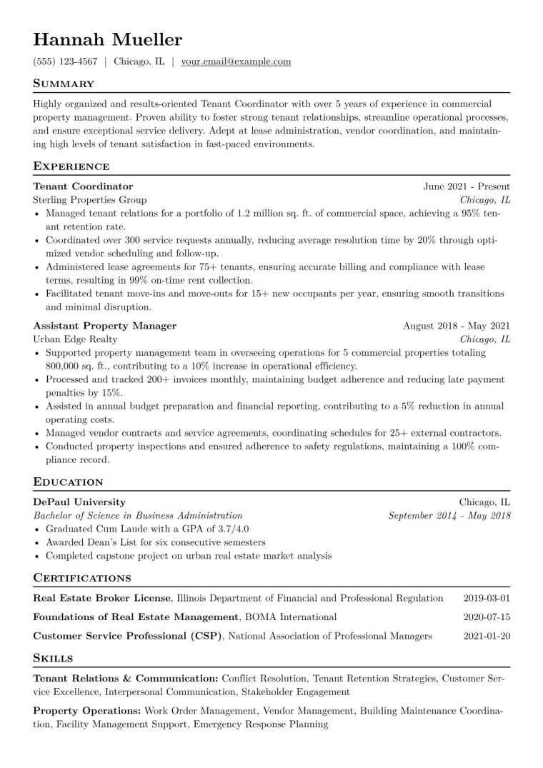Tenant Coordinator Resume Example CV template preview