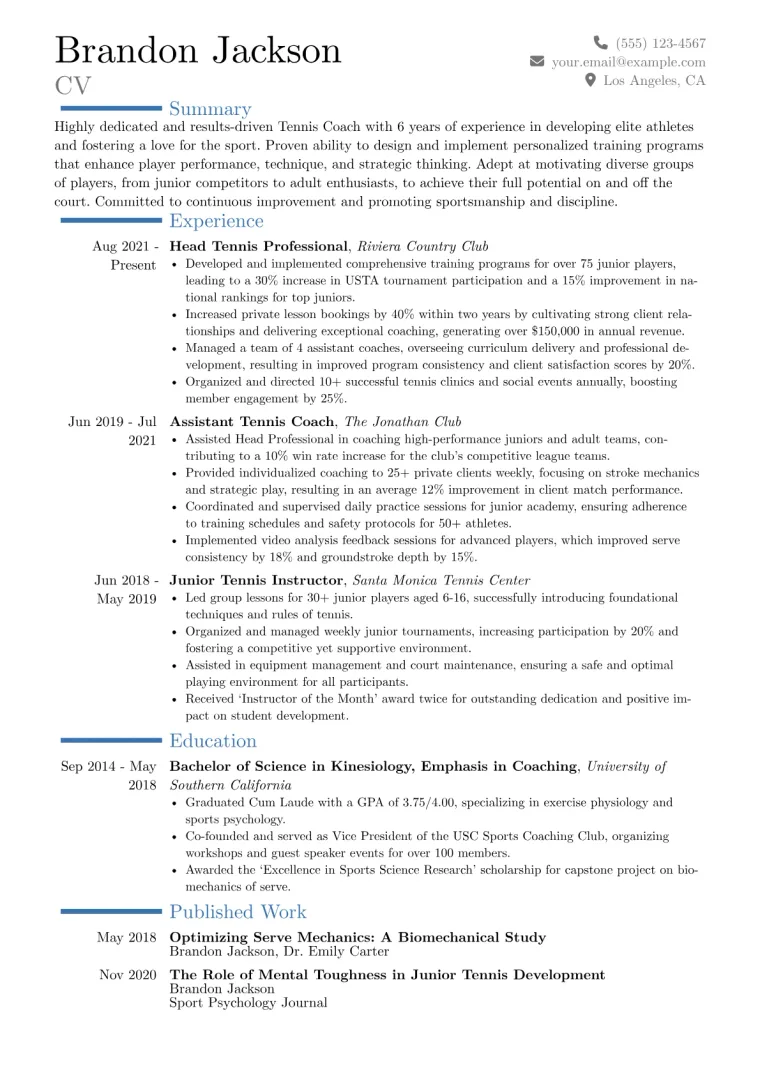 Tennis Coach Resume Example CV template preview