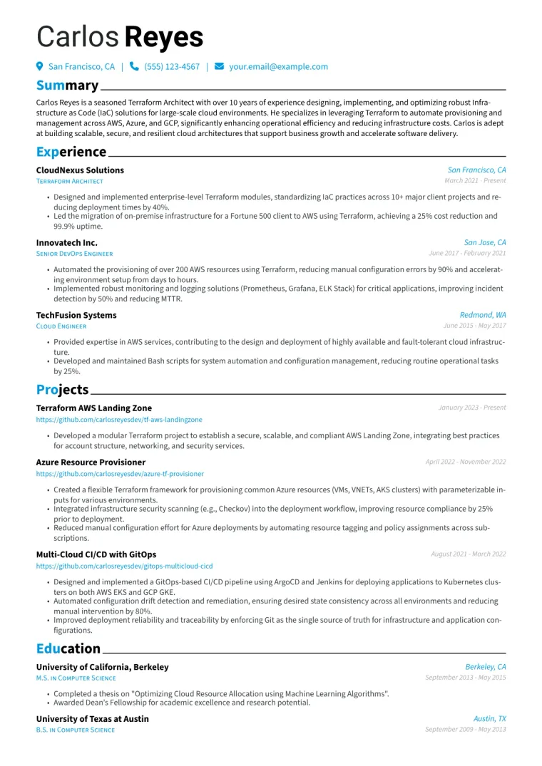 Terraform Architect Resume Example CV template preview