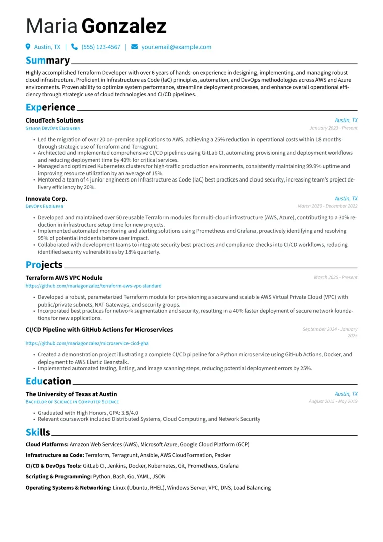 Terraform Developer Resume Example CV template preview