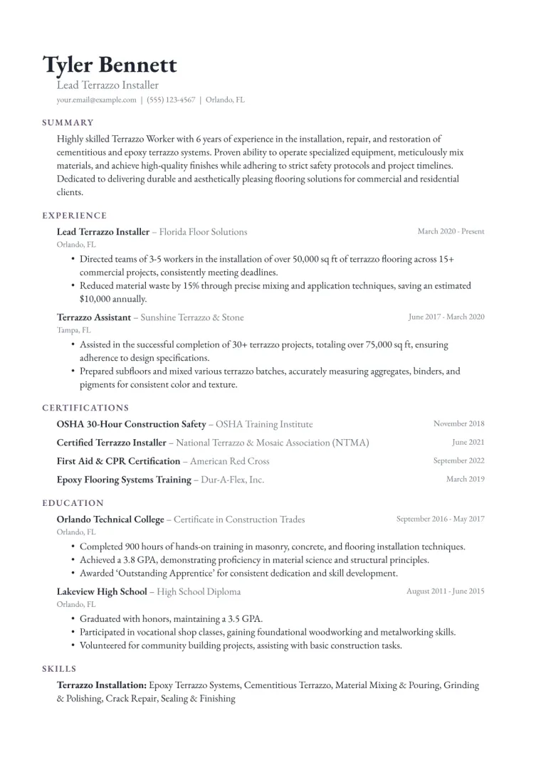 Terrazzo Worker Resume Example CV template preview