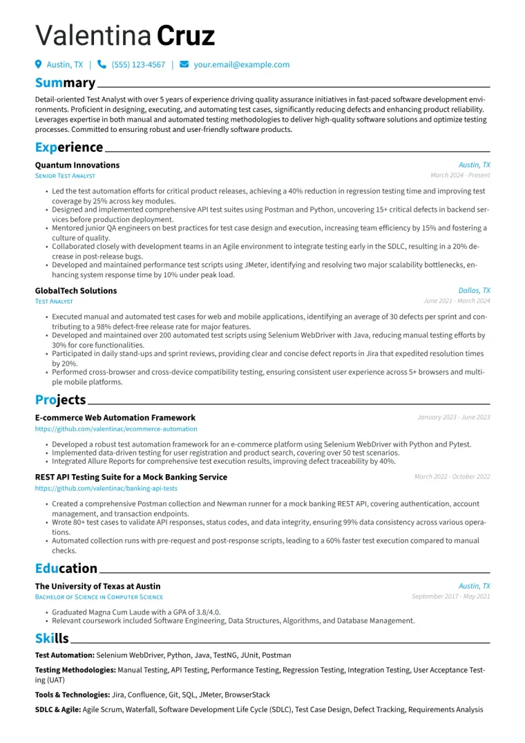 Test Analyst Resume Example CV template preview