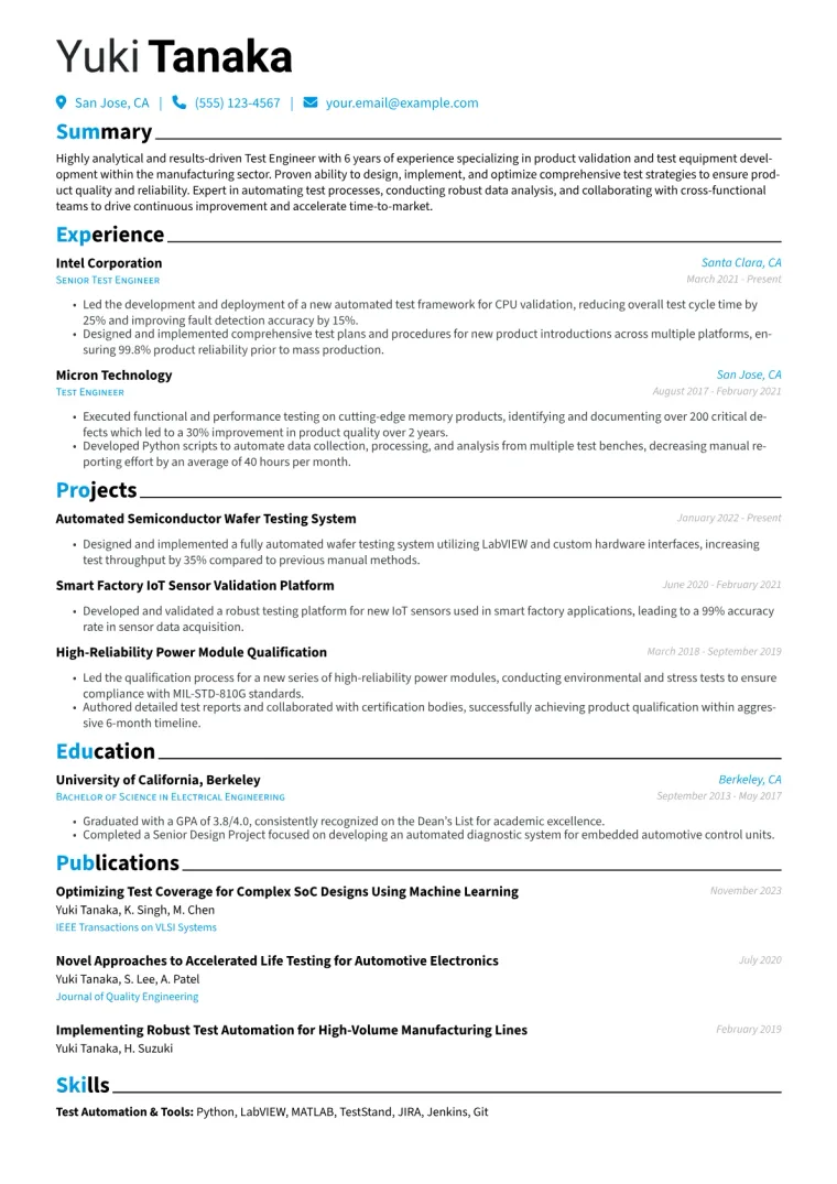 Test Engineer Resume Example CV template preview