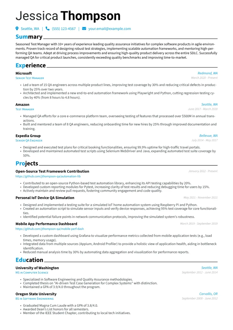 Test Manager Resume Example CV template preview