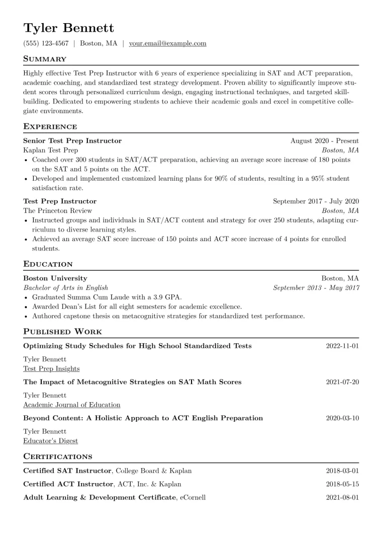 Test Prep Instructor Resume Example CV template preview