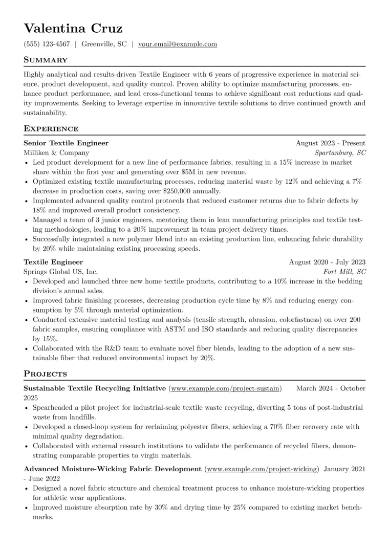 Textile Engineer Resume Example CV template preview