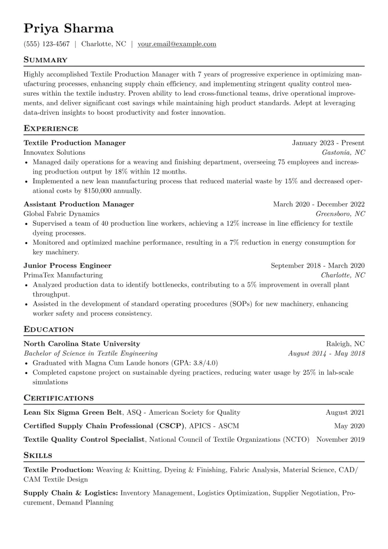 Textile Manager Resume Example preview