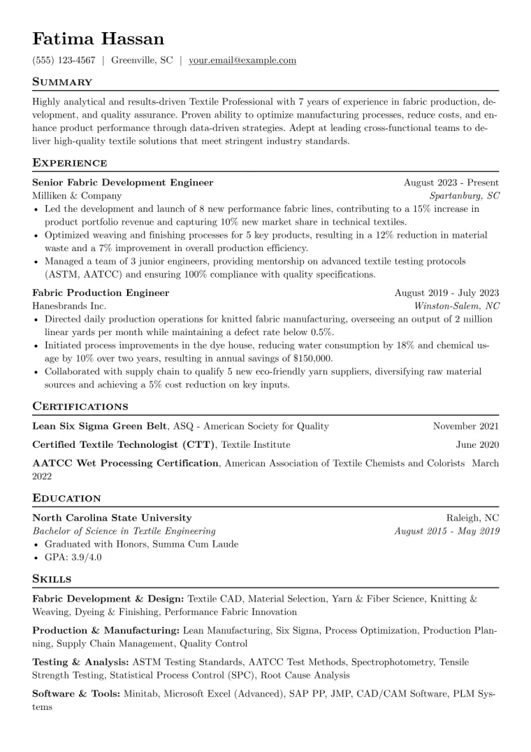 Textile Professional Resume Example CV template preview