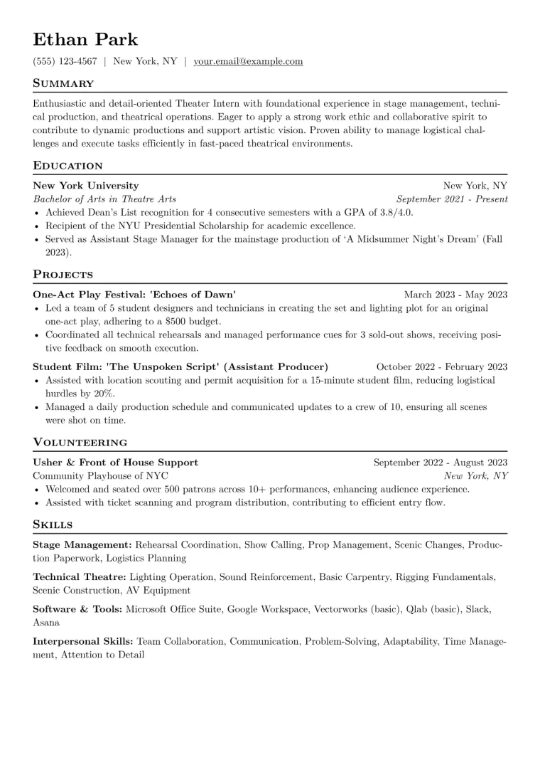 Theater Intern Resume Example CV template preview