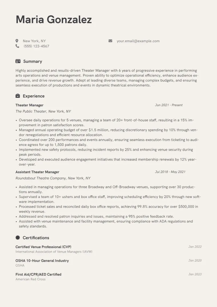 Theater Manager Resume Example CV template preview