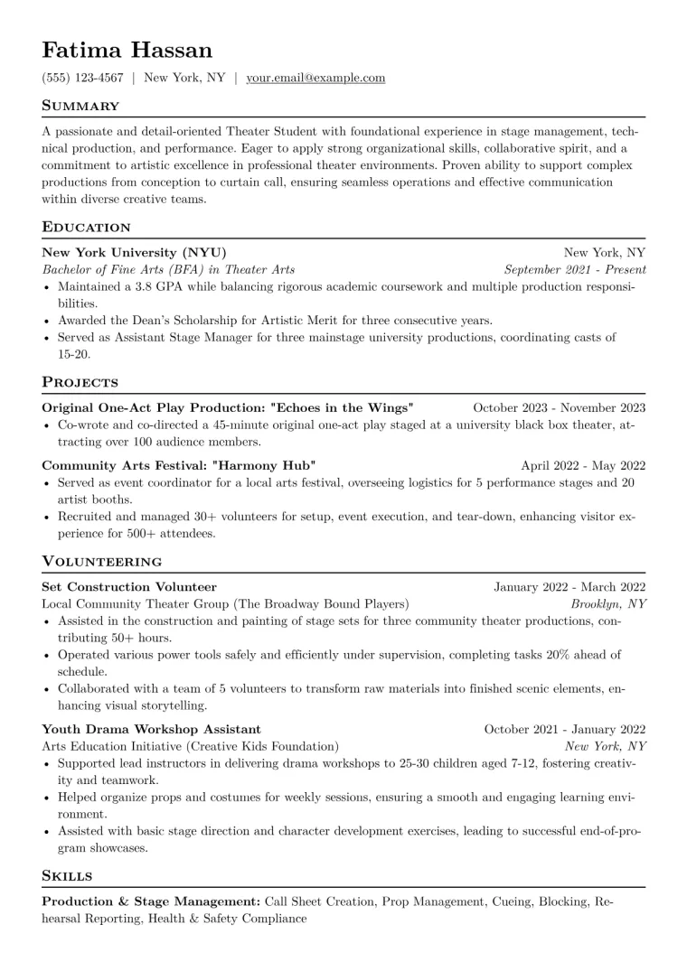 Theater Student Resume Example CV template preview