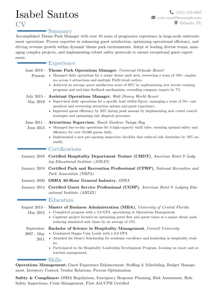 Theme Park Manager Resume Example CV template preview