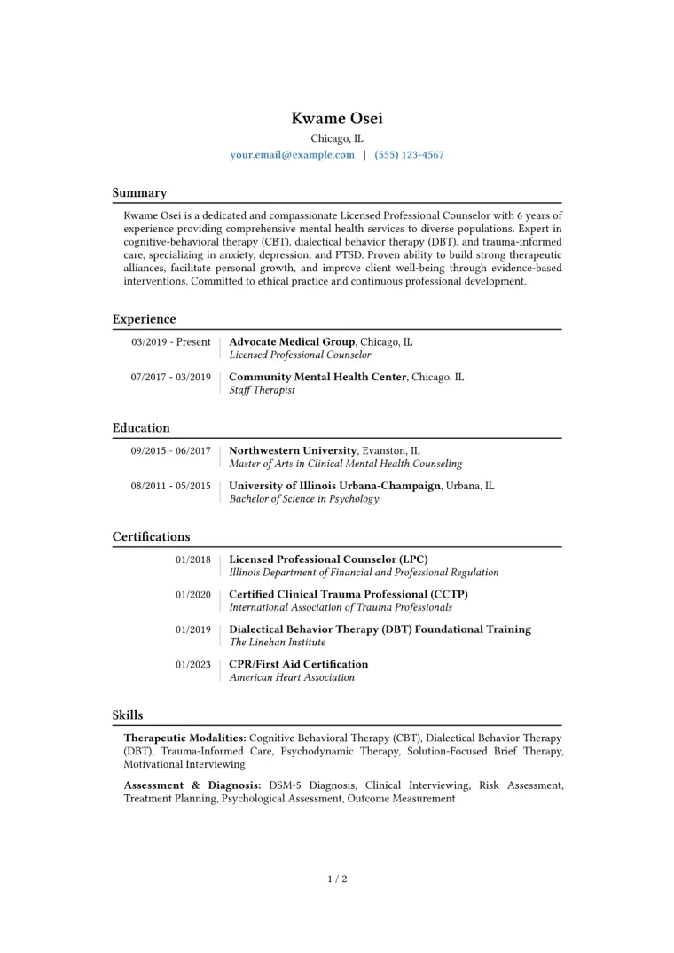 Therapist Resume Example CV template preview