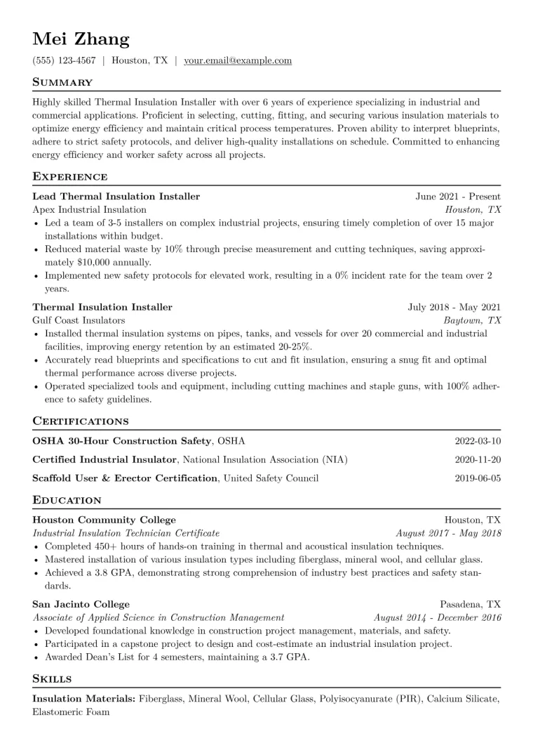 Thermal Insulation Installer Resume Example CV template preview