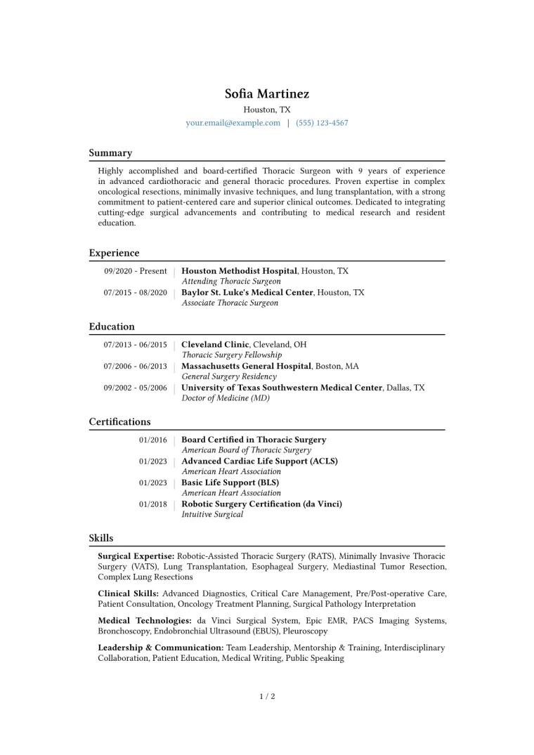 Thoracic Surgeon Resume Example CV template preview