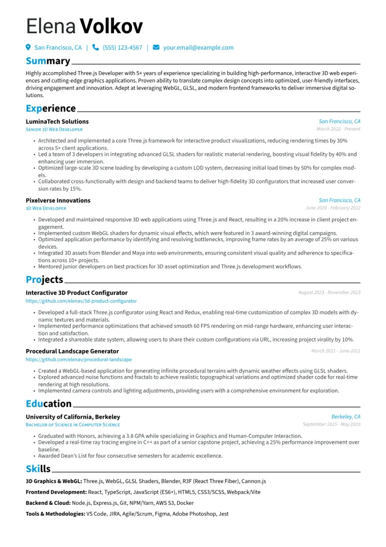 Three.js Developer Resume Example CV template preview