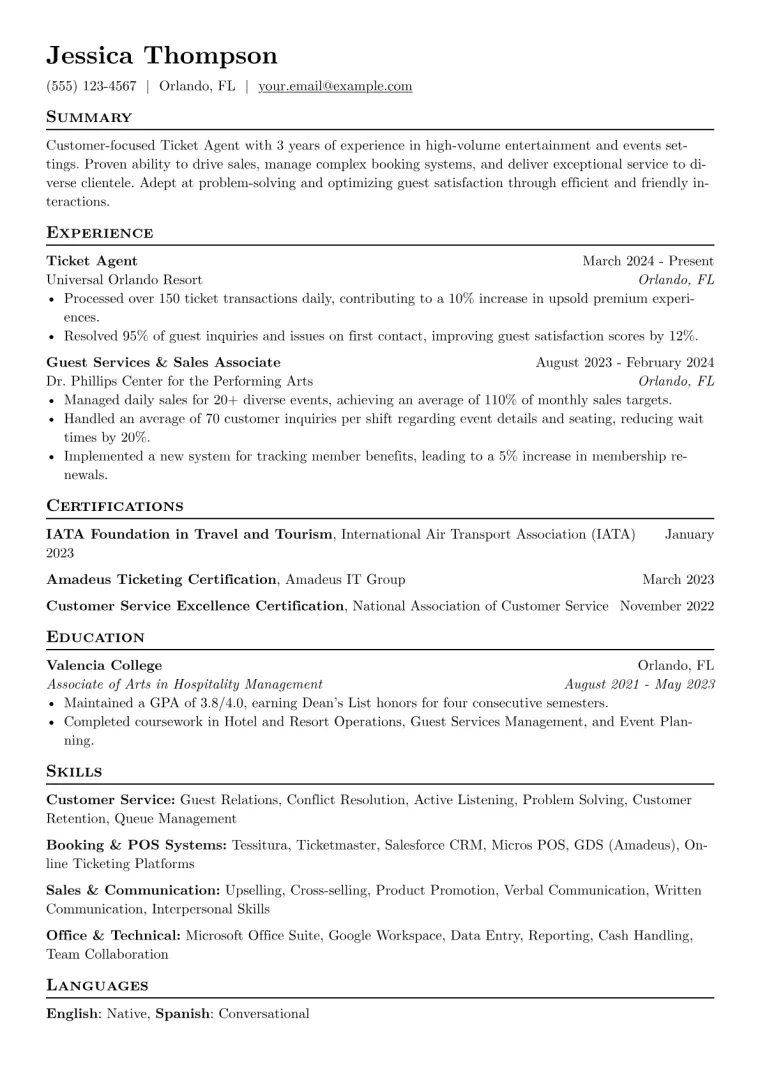 Ticket Agent Resume Example CV template preview
