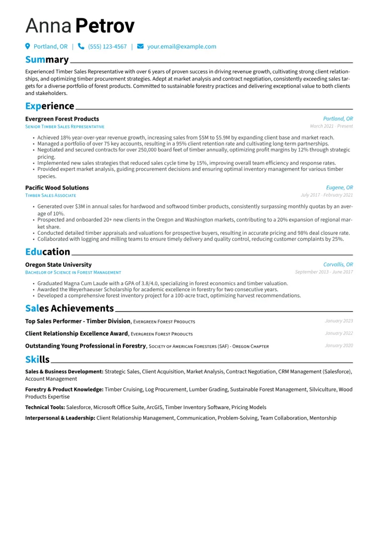 Timber Sales Representative Resume Example CV template preview