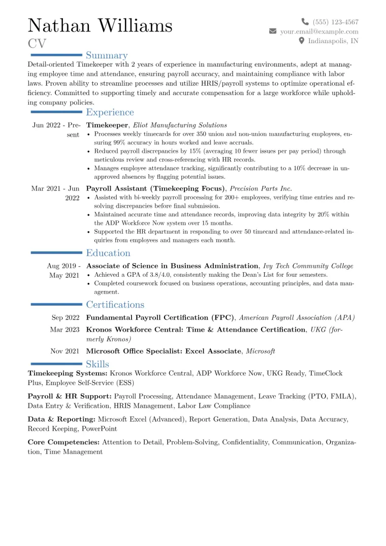 Timekeeper Resume Example CV template preview