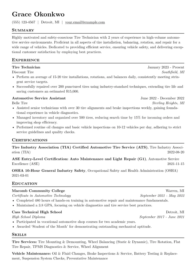 Tire Technician Resume Example CV template preview
