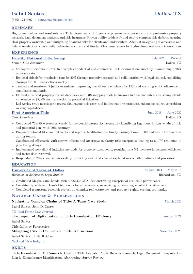 Title Examiner Resume Example CV template preview