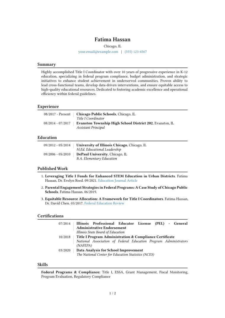 Title I Coordinator Resume Example CV template preview