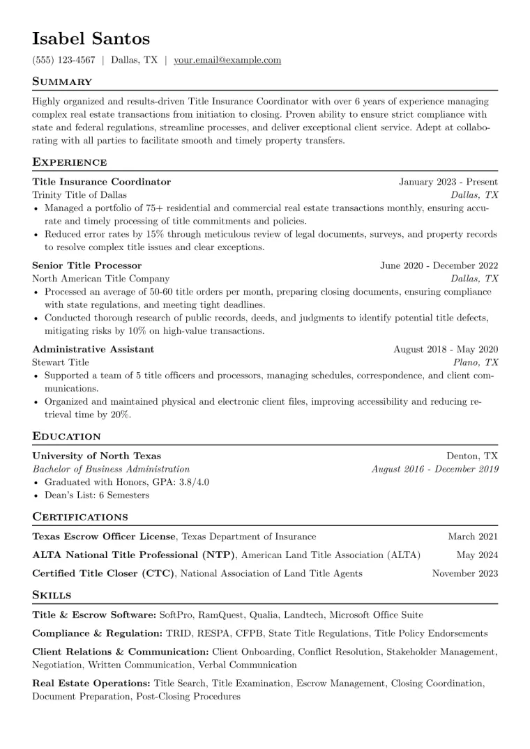 Title Insurance Coordinator Resume Example CV template preview