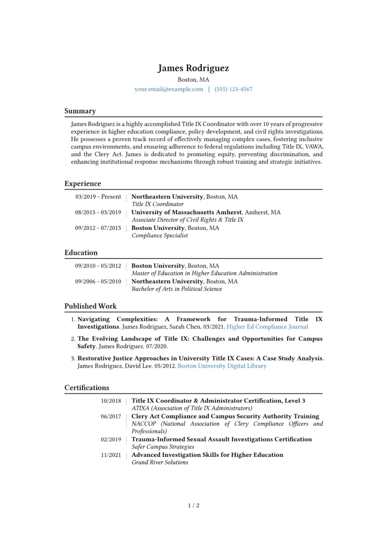 Title IX Coordinator Resume Example CV template preview