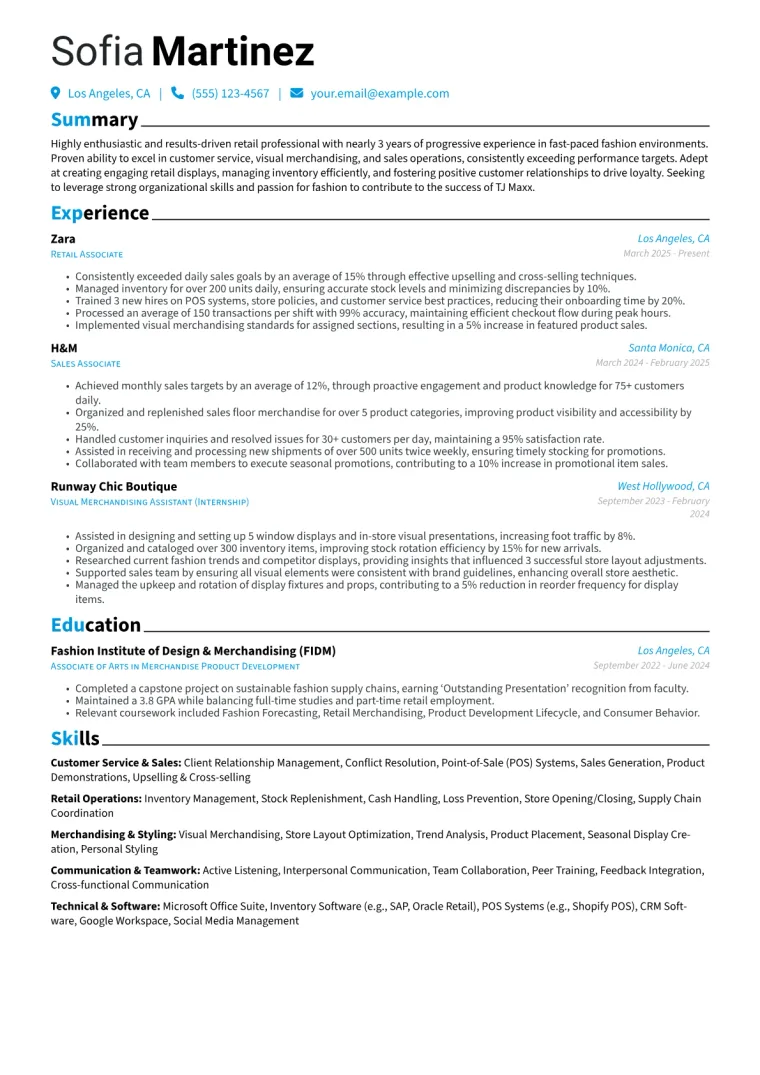 TJ Maxx Resume Example CV template preview