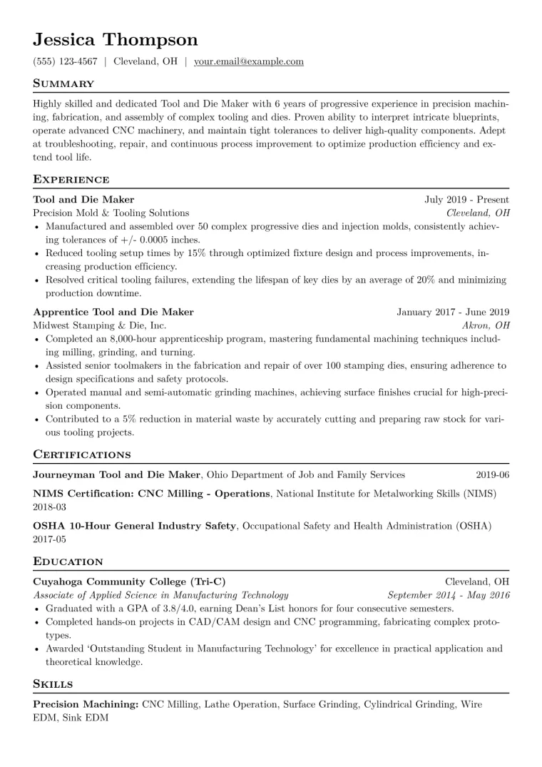 Tool and Die Maker Resume Example CV template preview