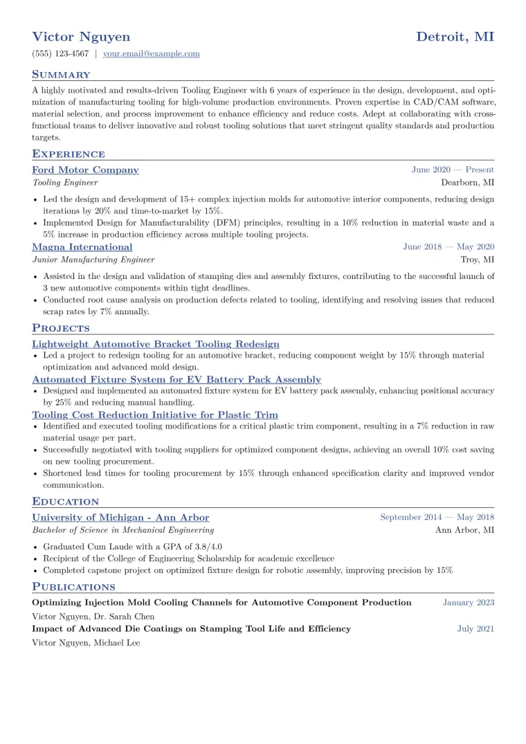 Tooling Engineer Resume Example CV template preview
