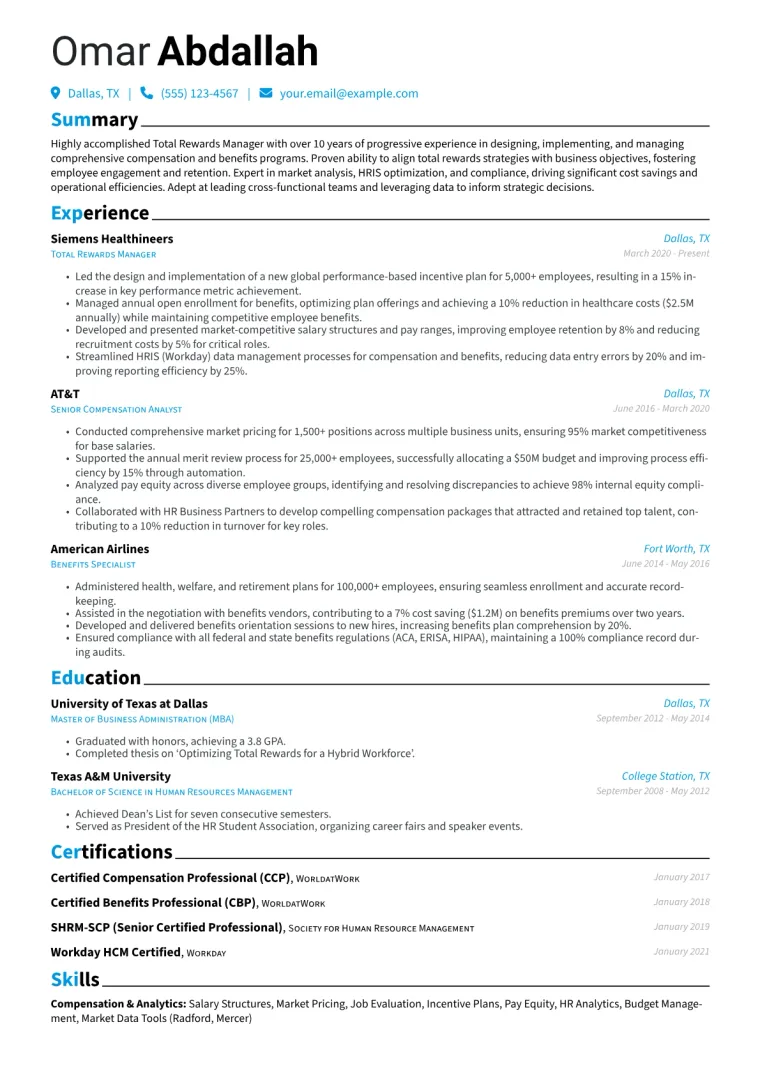 Total Rewards Manager Resume Example CV template preview