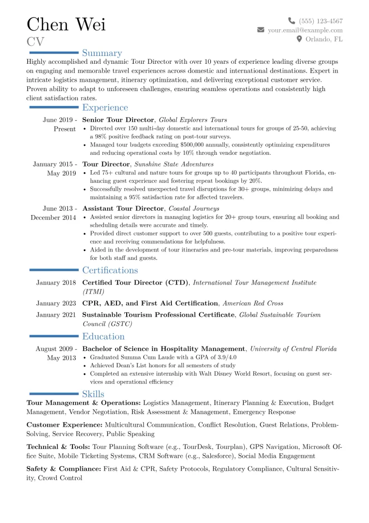 Tour Director Resume Example CV template preview