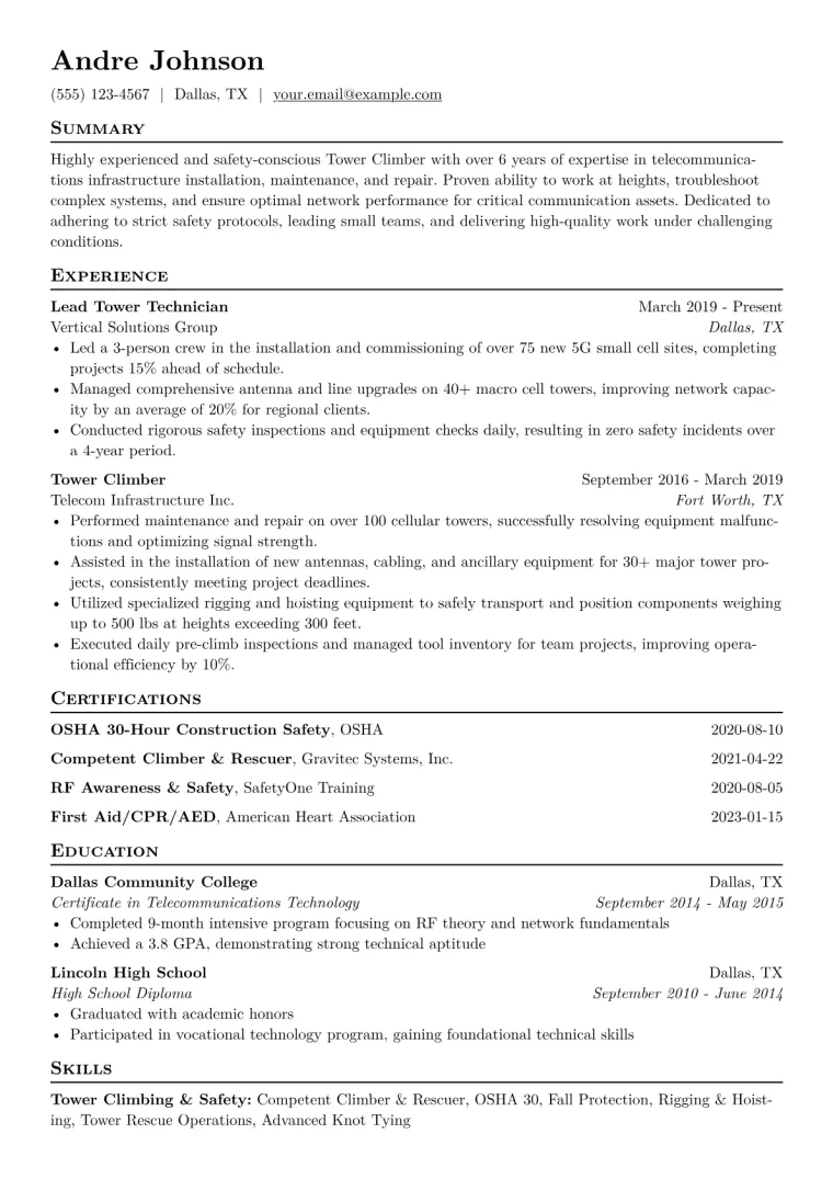 Tower Climber Resume Example CV template preview