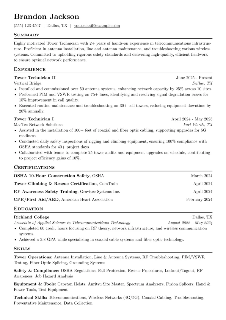 Tower Technician Resume Example preview