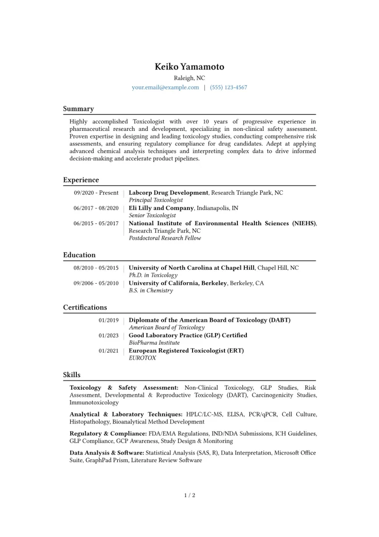 Toxicologist Resume Example CV template preview