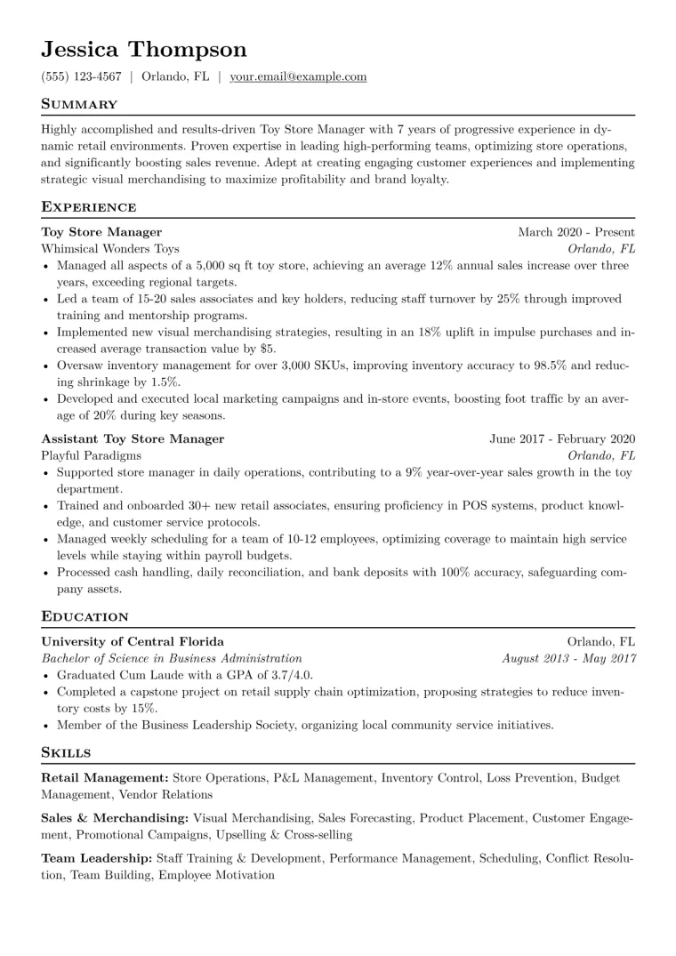 Toy Store Manager Resume Example CV template preview