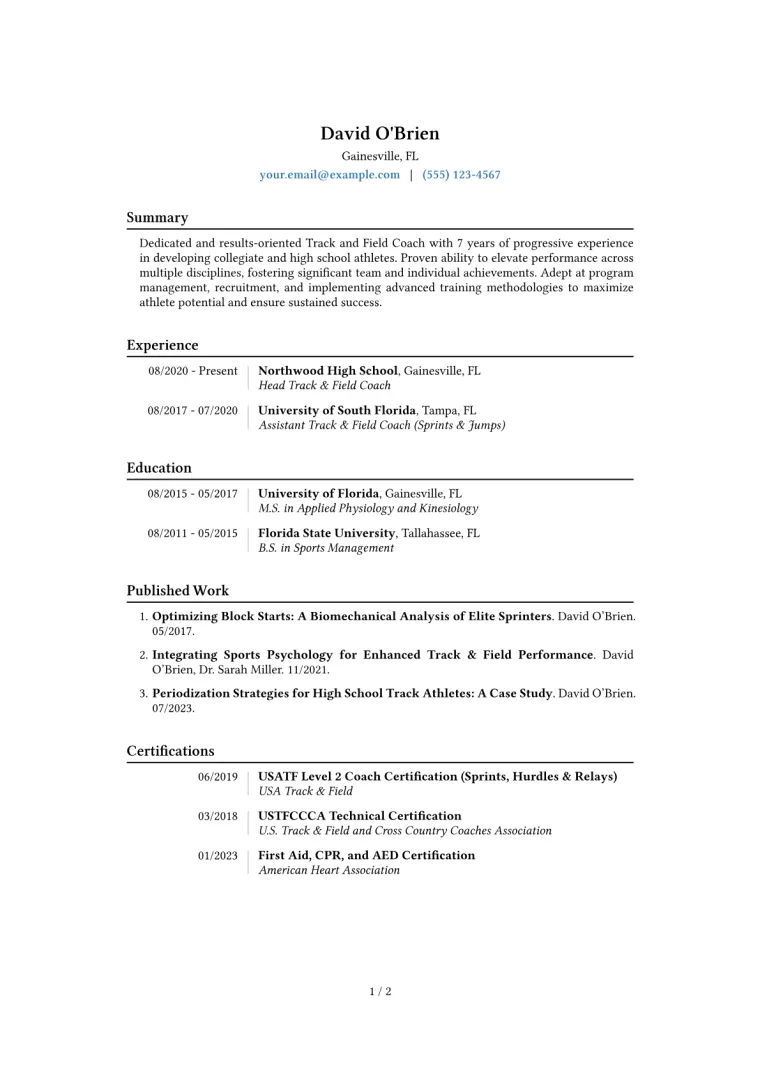 Track Coach Resume Example CV template preview