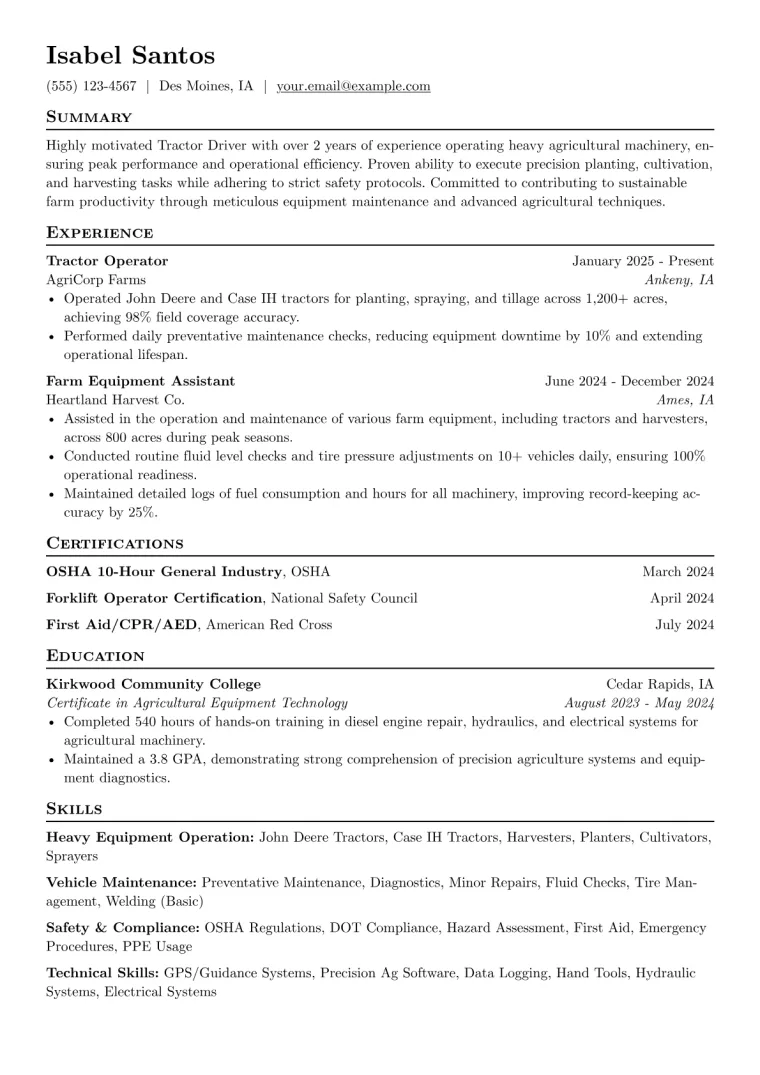 Tractor Driver Resume Example CV template preview