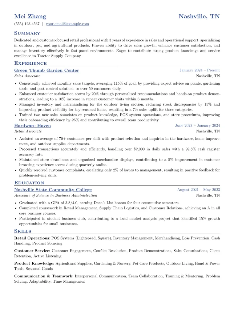 Tractor Supply Company Resume Example CV template preview