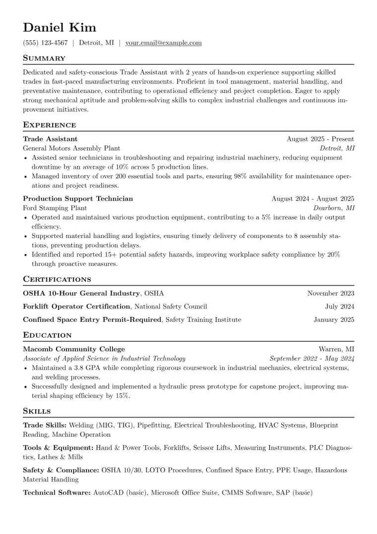 Trade Assistant Resume Example CV template preview