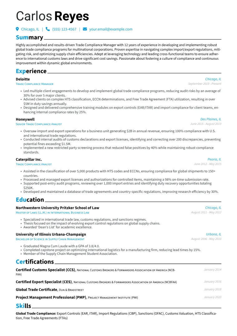 Trade Compliance Manager Resume Example CV template preview