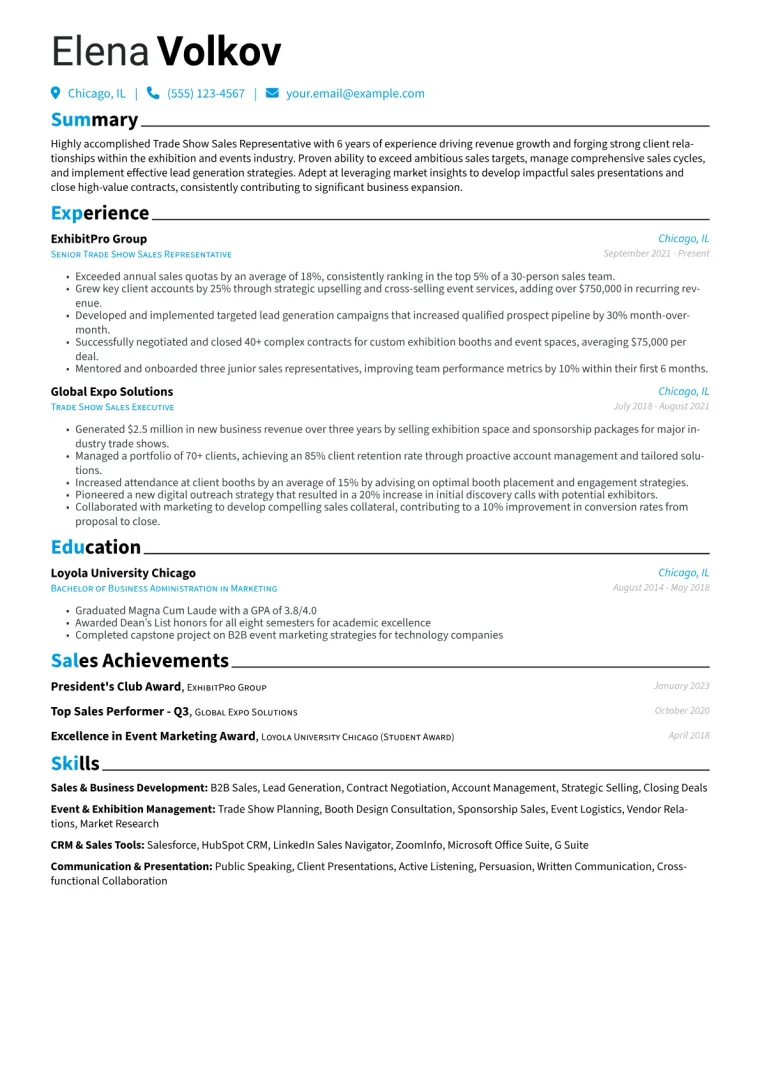 Trade Show Sales Representative Resume Example CV template preview