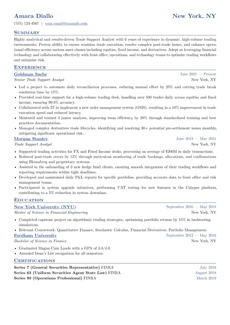 Trade Support Analyst Resume Example CV template preview