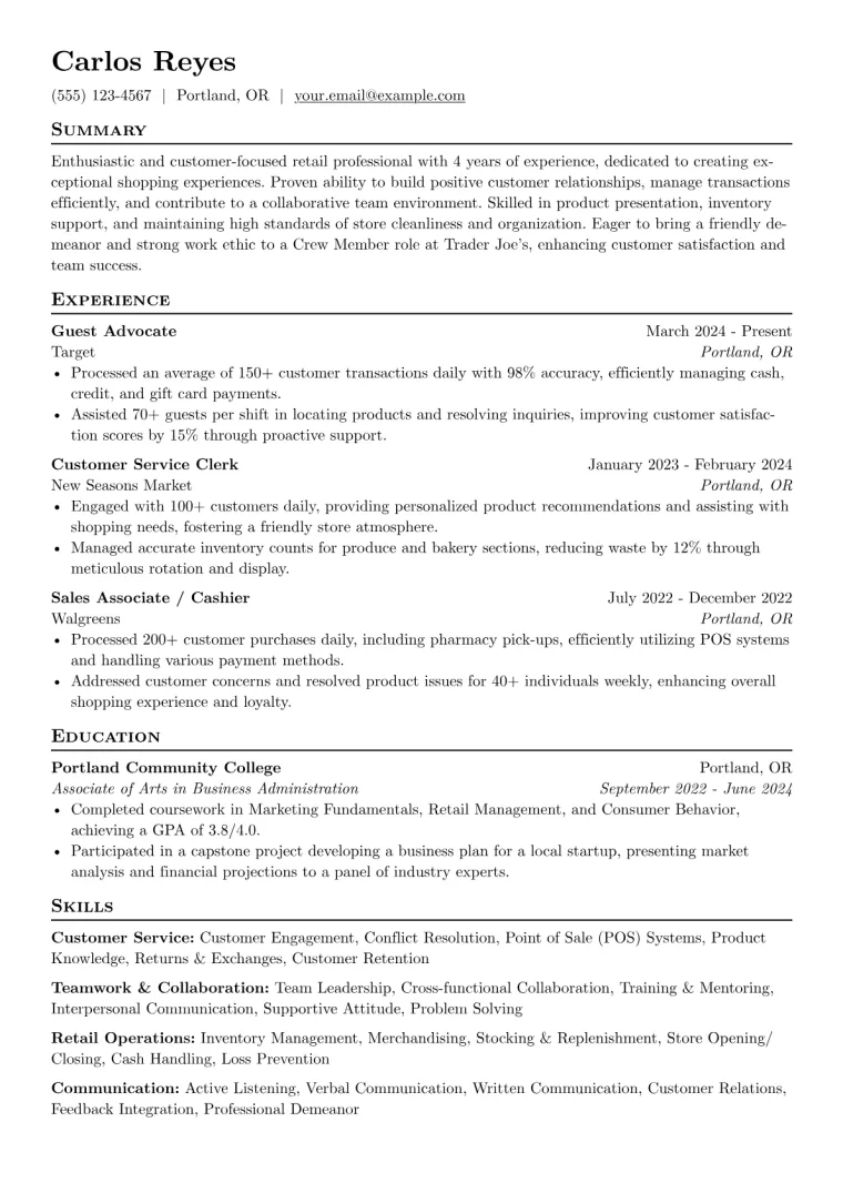 Trader Joe's Resume Example CV template preview