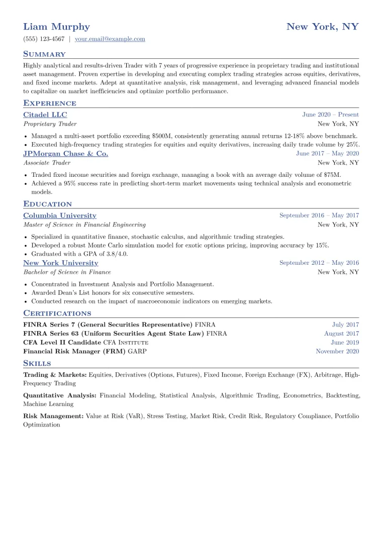 Trader Resume Example CV template preview